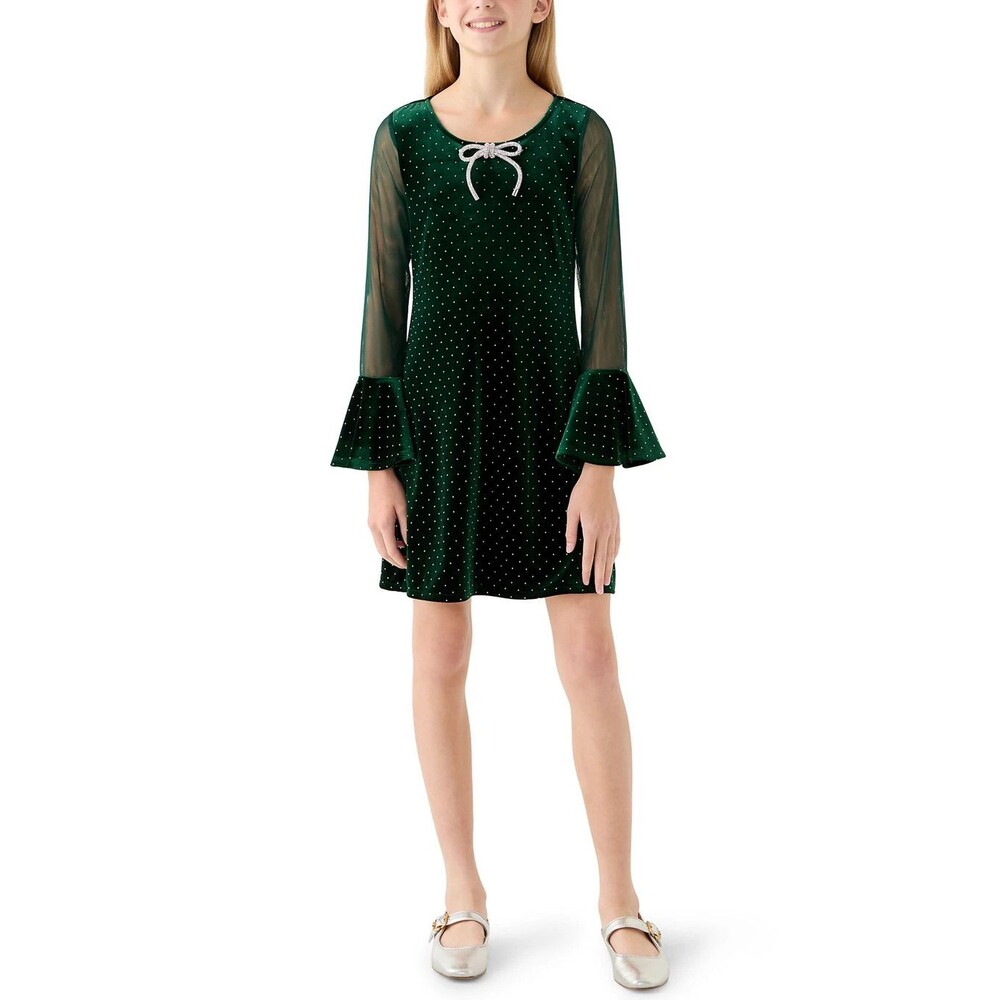 C1 NWT Bonnie Jean Girls Green Sparkle Velvet Illusion Sleeve Dress Size 16